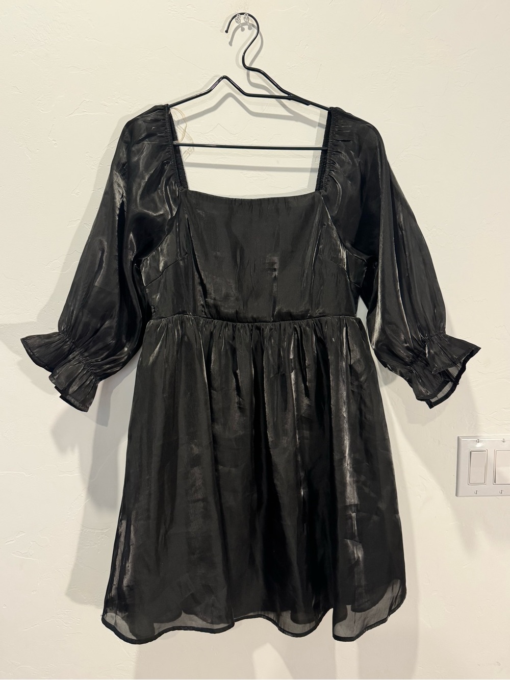 Black Babydoll Shimmer Square-Neck Puff Sleeve Mini Dress- Goth Coquette Doll